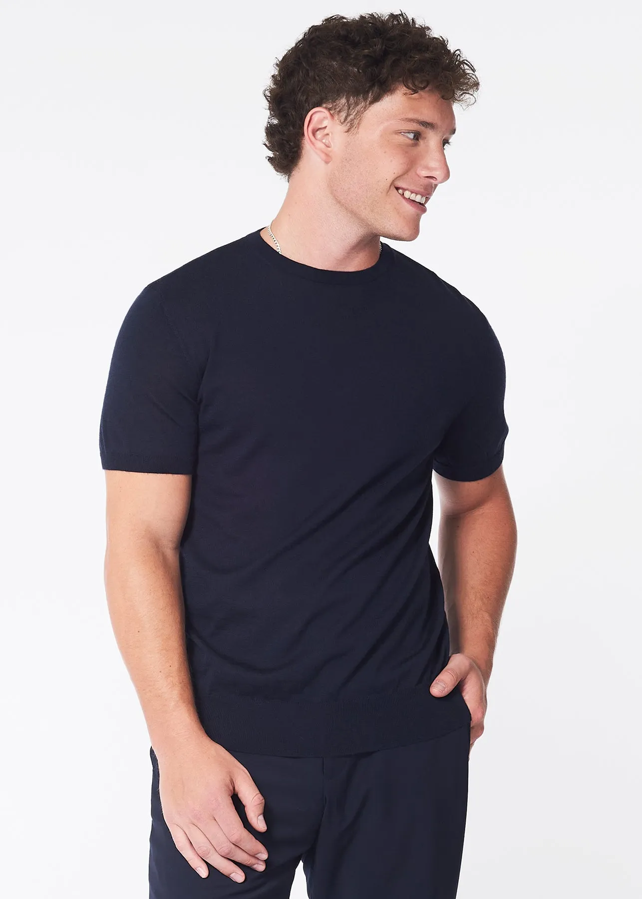 100% Cashmere Crew Neck T-shirt - Midnight Blue