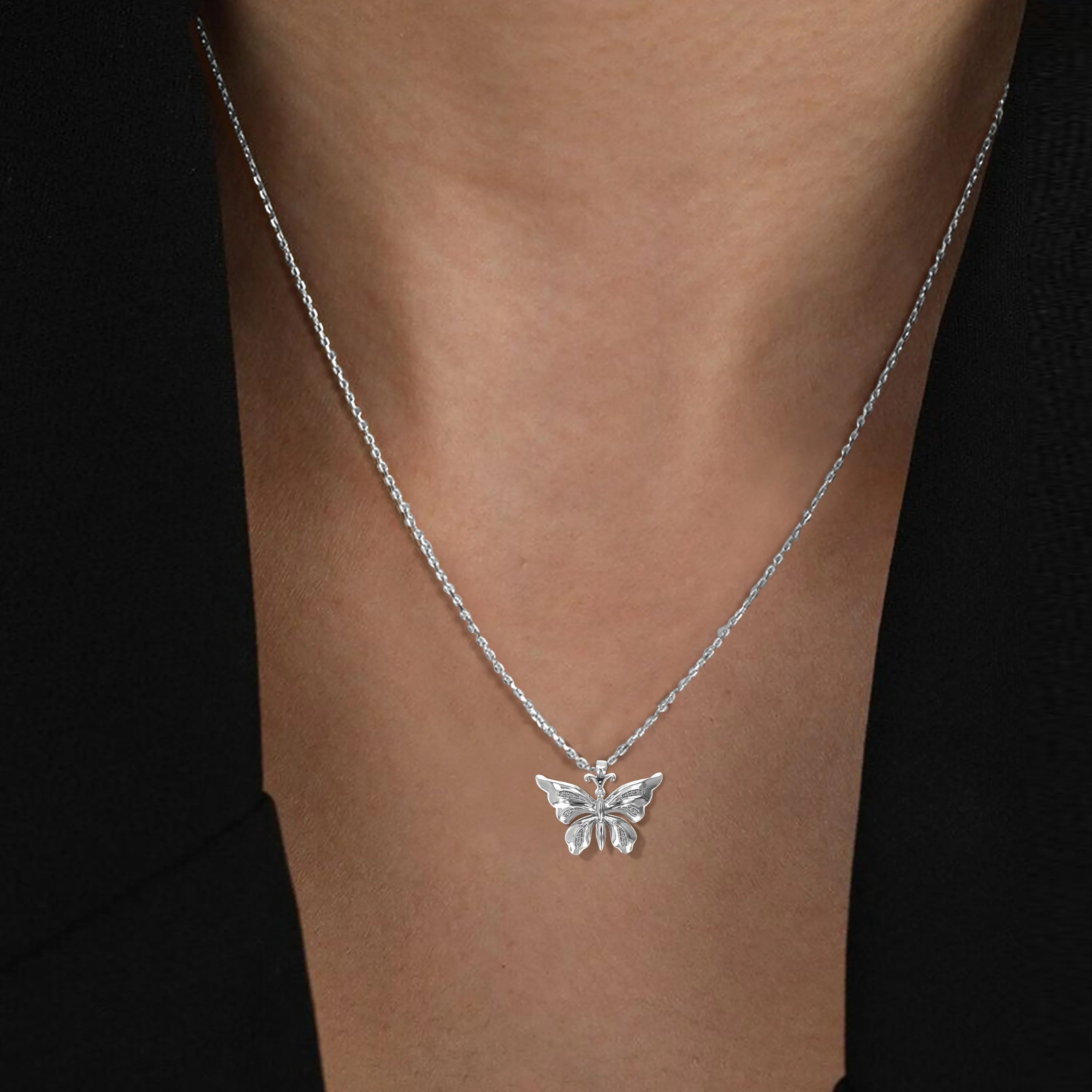 1/12 cttw Lab Grown Diamond Butterfly Pendant Necklaces in Silver