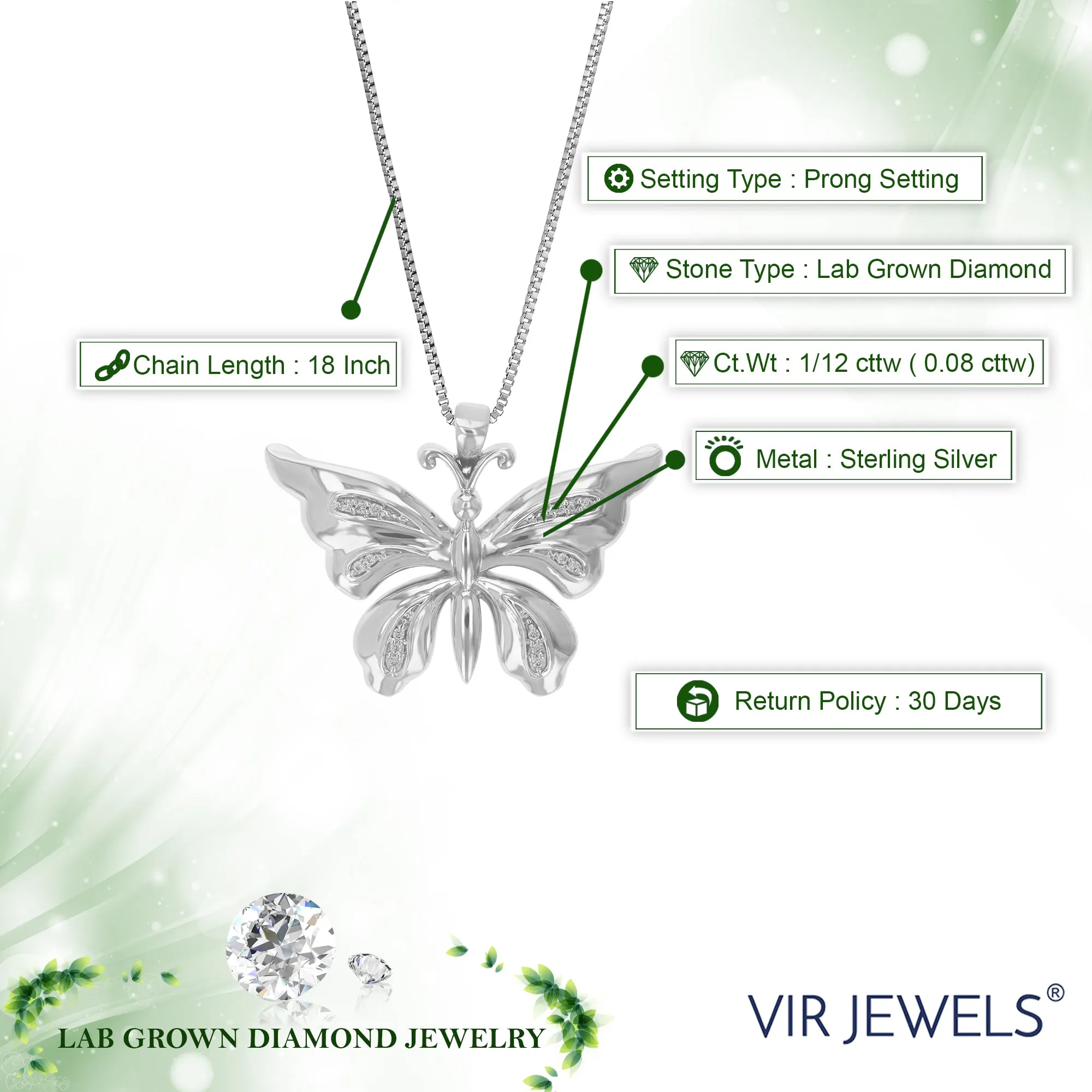 1/12 cttw Lab Grown Diamond Butterfly Pendant Necklaces in Silver