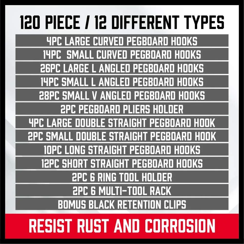 120 Piece Pegboard H00ks Set, 12 different types of h00ks