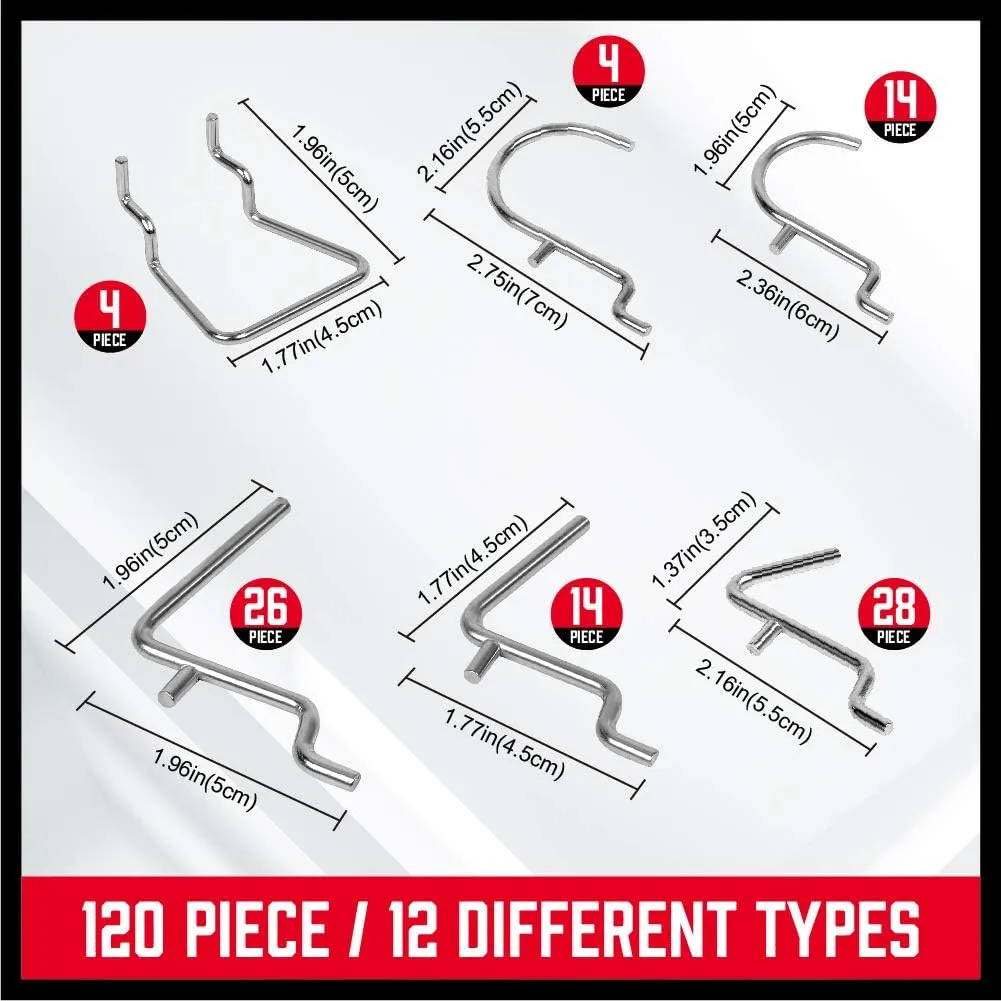 120 Piece Pegboard H00ks Set, 12 different types of h00ks