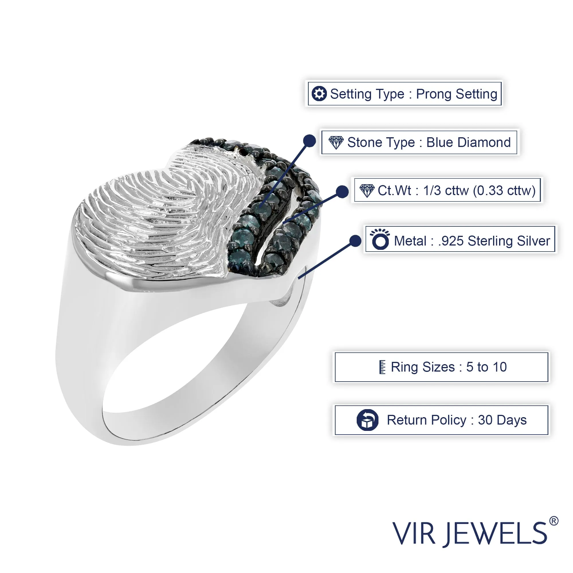 1/3 cttw Fingerprint Blue Diamond Statement Ring in Sterling Silver