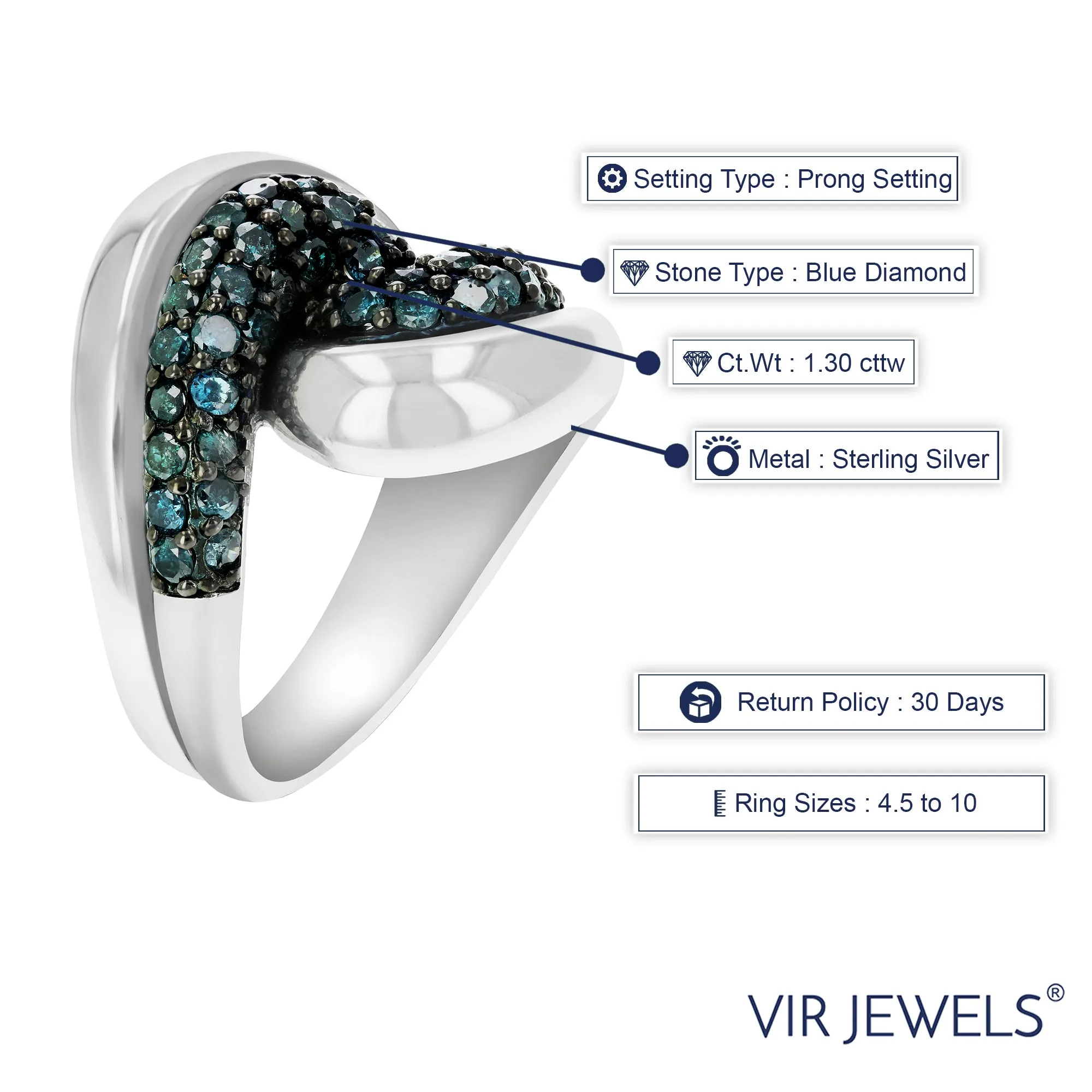 1.30 cttw Blue Diamond Statement Ring in Sterling Silver