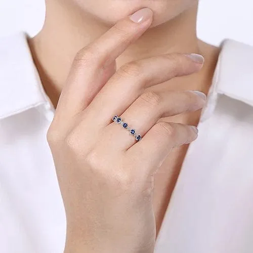 14K White Gold Alternating Round Diamond and Sapphire Ring