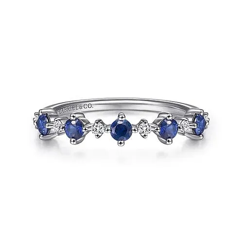14K White Gold Alternating Round Diamond and Sapphire Ring