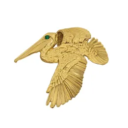 14k Yellow Gold Flying Pelican Pendant with Emerald Eye