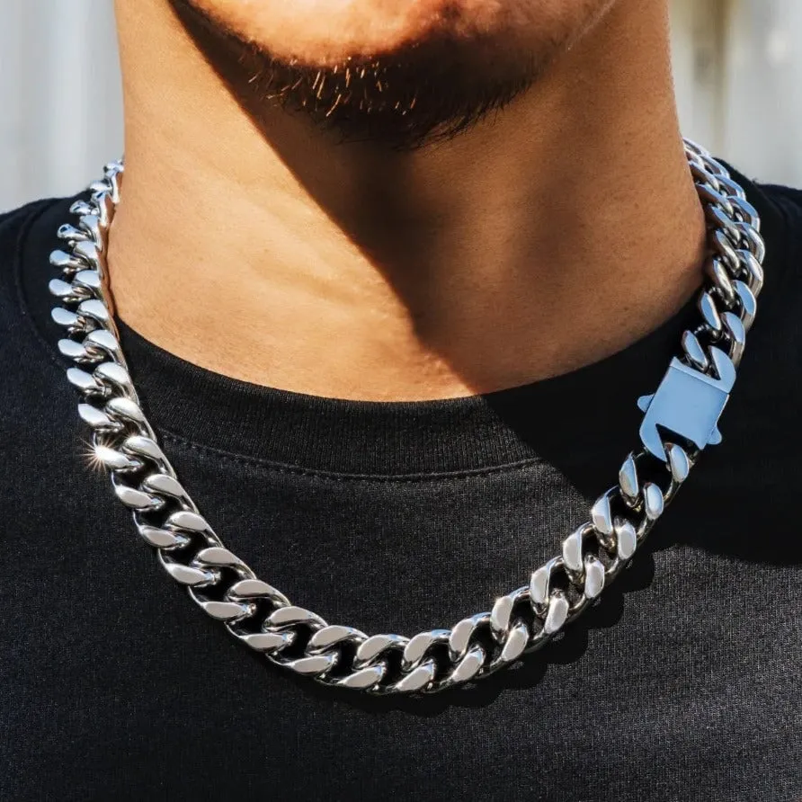 14mm Curb Cuban Link Chain in Silver White Gold