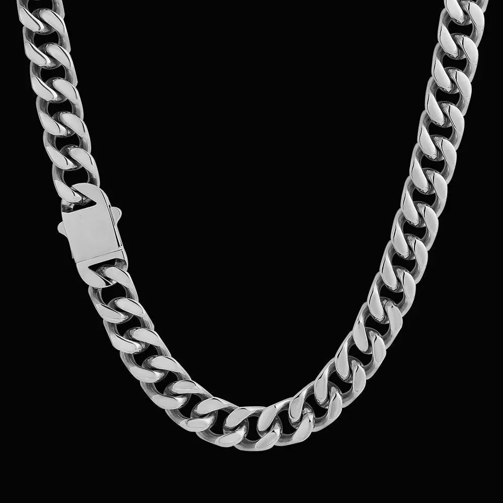 14mm Curb Cuban Link Chain in Silver White Gold