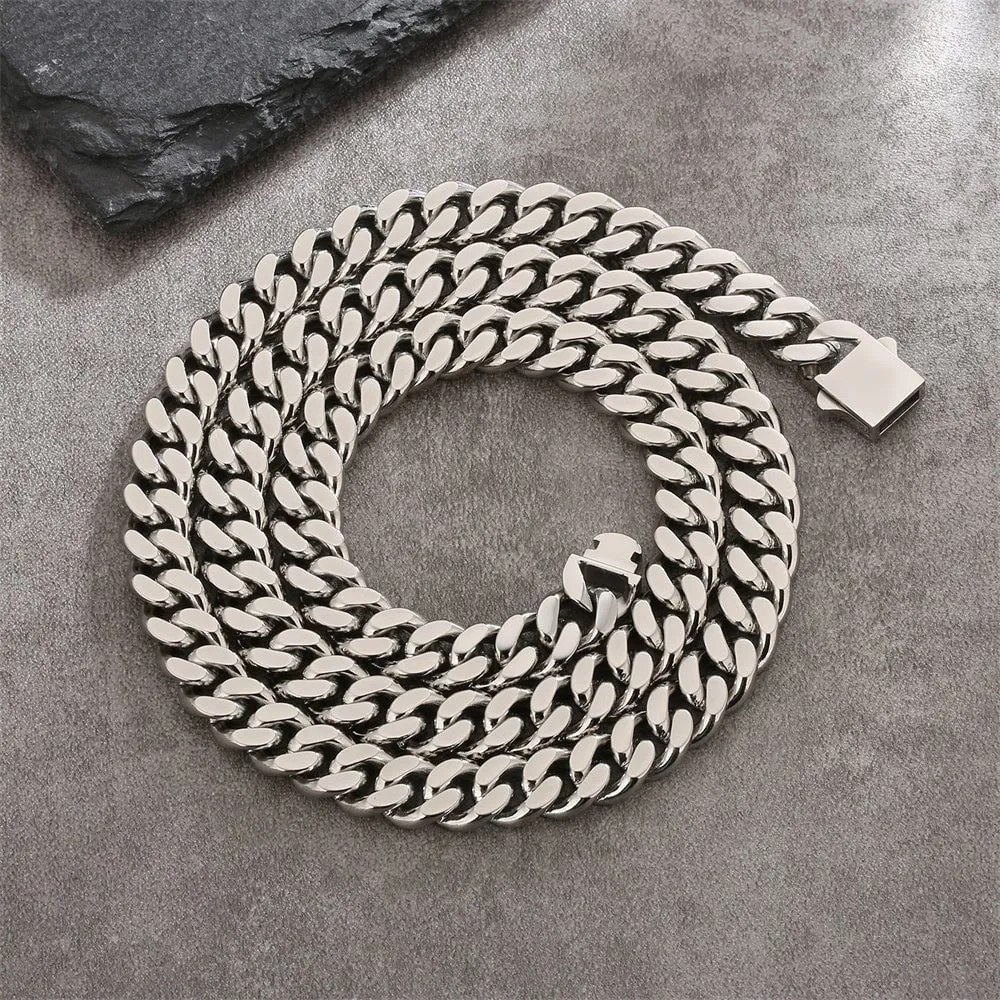 14mm Curb Cuban Link Chain in Silver White Gold