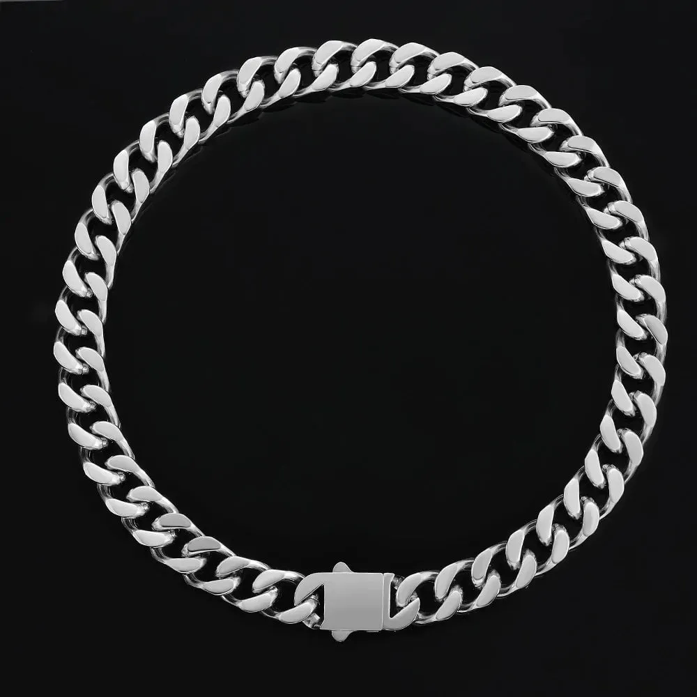 14mm Curb Cuban Link Chain in Silver White Gold