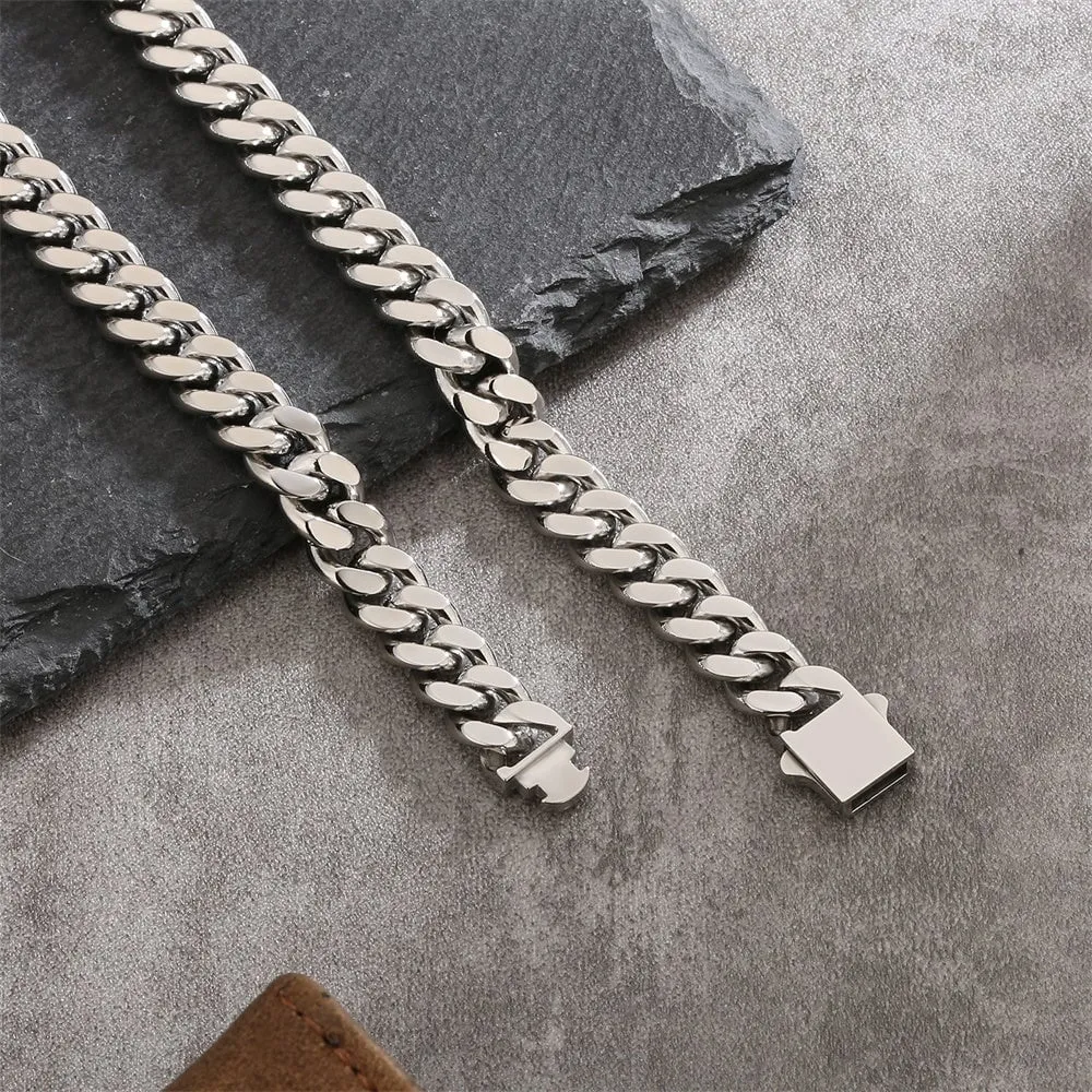 14mm Curb Cuban Link Chain in Silver White Gold