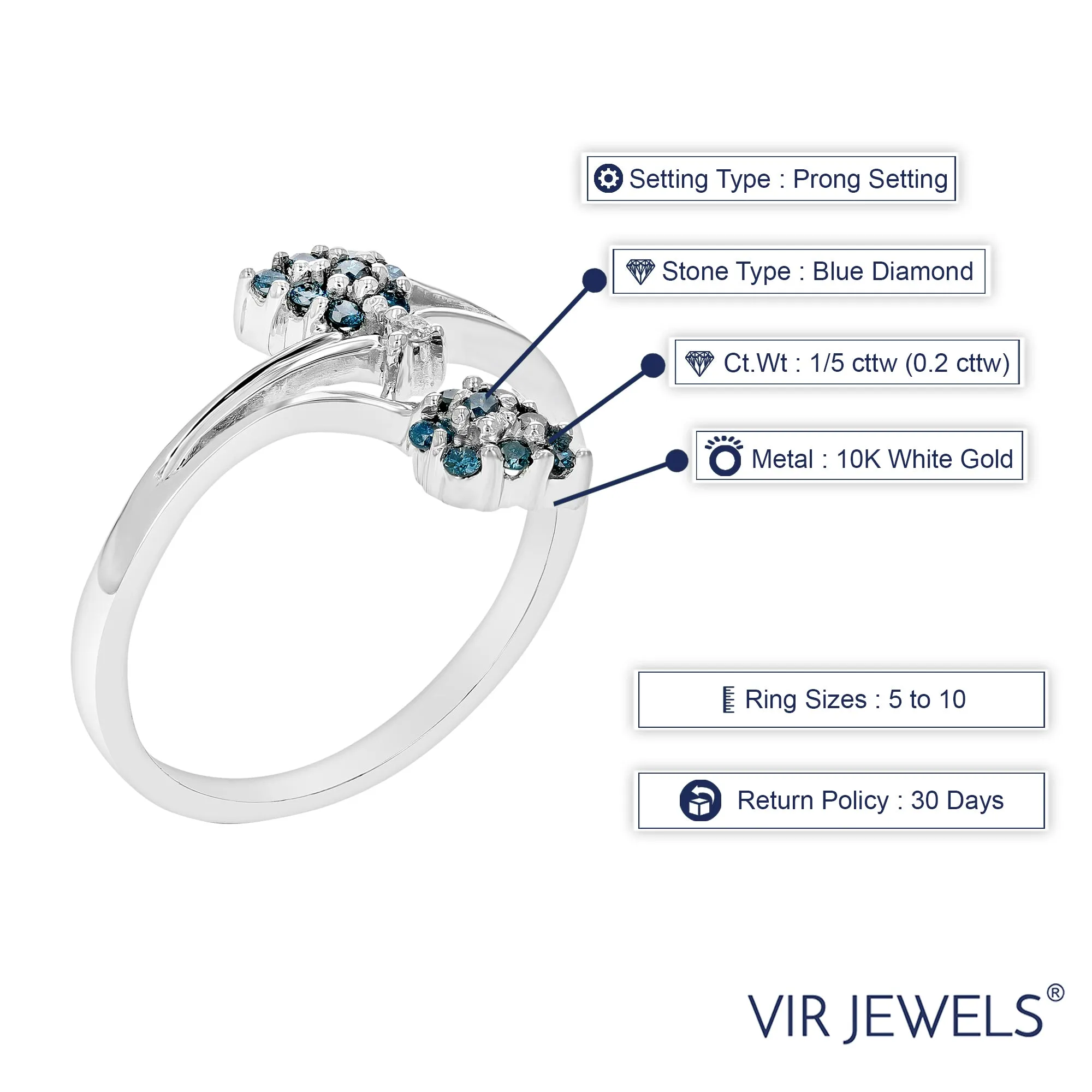1/5 cttw Blue and White Flower Diamond Fashion Ring in 10K White Gold