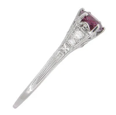 1920's Design Art Deco Raspberry Rhodolite Garnet and Diamond Filigree Engagement Ring in Platinum