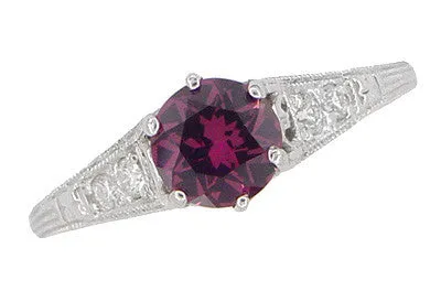 1920's Design Art Deco Raspberry Rhodolite Garnet and Diamond Filigree Engagement Ring in Platinum
