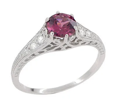 1920's Design Art Deco Raspberry Rhodolite Garnet and Diamond Filigree Engagement Ring in Platinum
