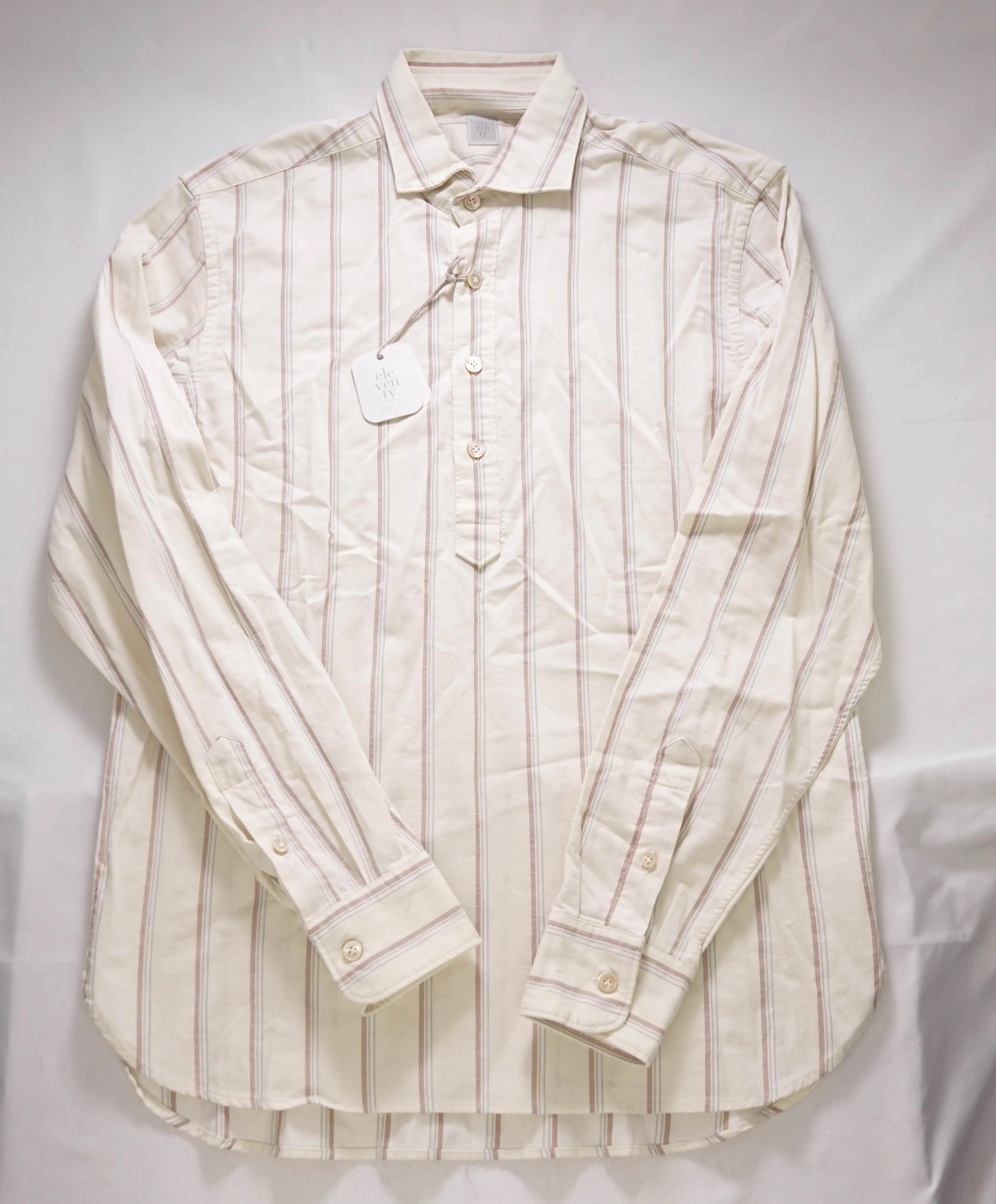 $495 ELEVENTY - Ivory Stripe *POPOVER* Button Dress Shirt - M