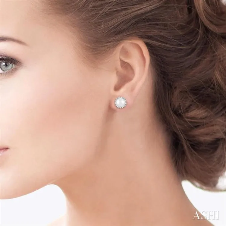 5.5 MM Round Shape Cultured Pearls and 1/6 ctw Petite Sunflower Round Cut Diamond Fashion Stud Earring in 10K White Gold