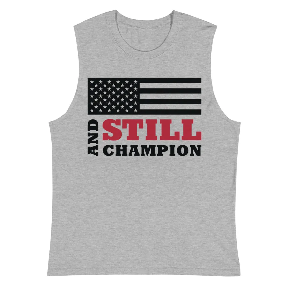 And Still Champion flag with ASC logo on back label men's muscle shirt