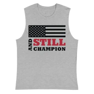 And Still Champion flag with ASC logo on back label men's muscle shirt