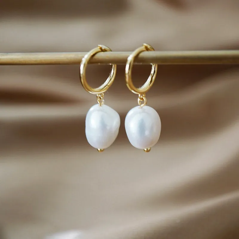 Baroque 10x11mm Freshwater Pearl Dangle Hoop Earrings