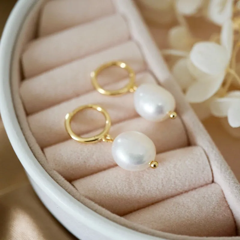 Baroque 10x11mm Freshwater Pearl Dangle Hoop Earrings