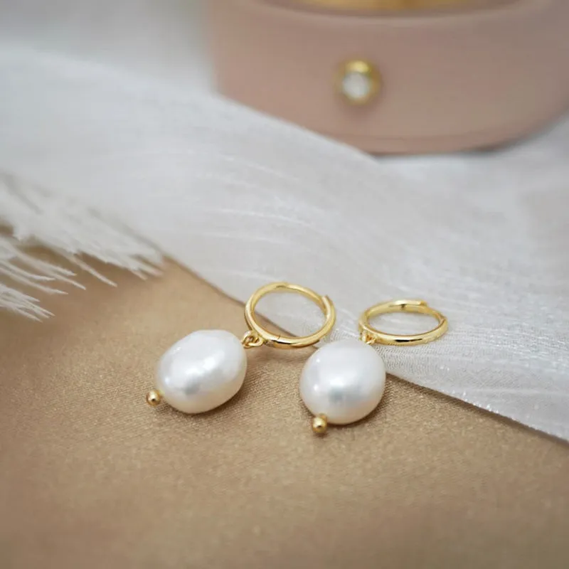 Baroque 10x11mm Freshwater Pearl Dangle Hoop Earrings