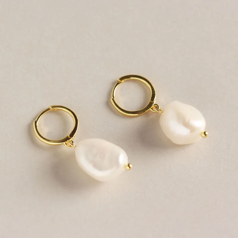 Baroque 10x11mm Freshwater Pearl Dangle Hoop Earrings