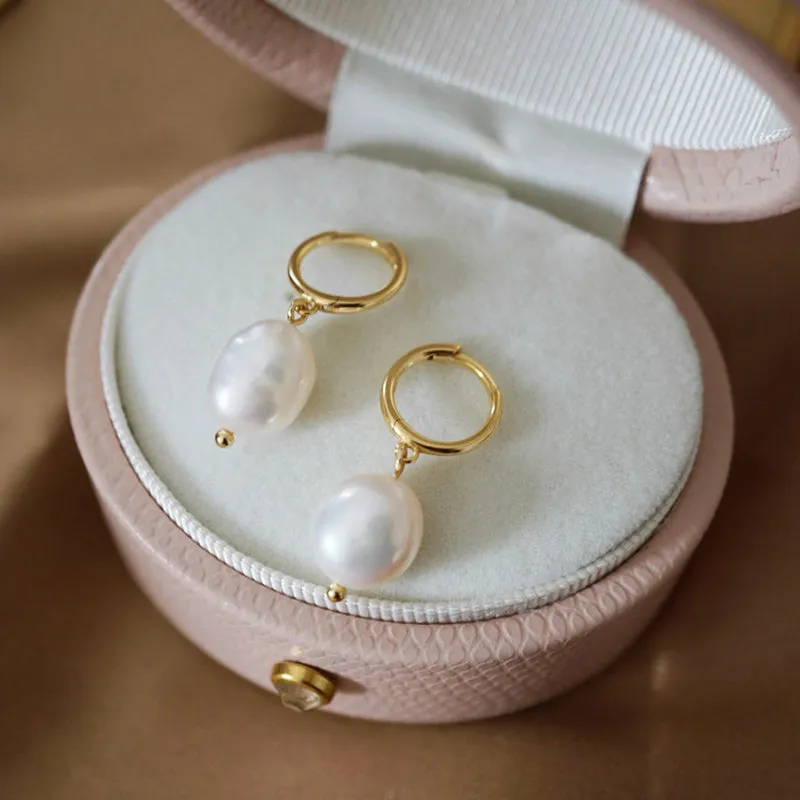 Baroque 10x11mm Freshwater Pearl Dangle Hoop Earrings