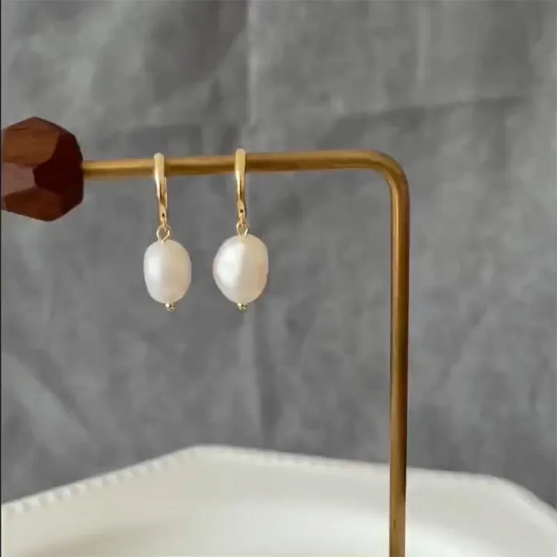 Baroque 10x11mm Freshwater Pearl Dangle Hoop Earrings