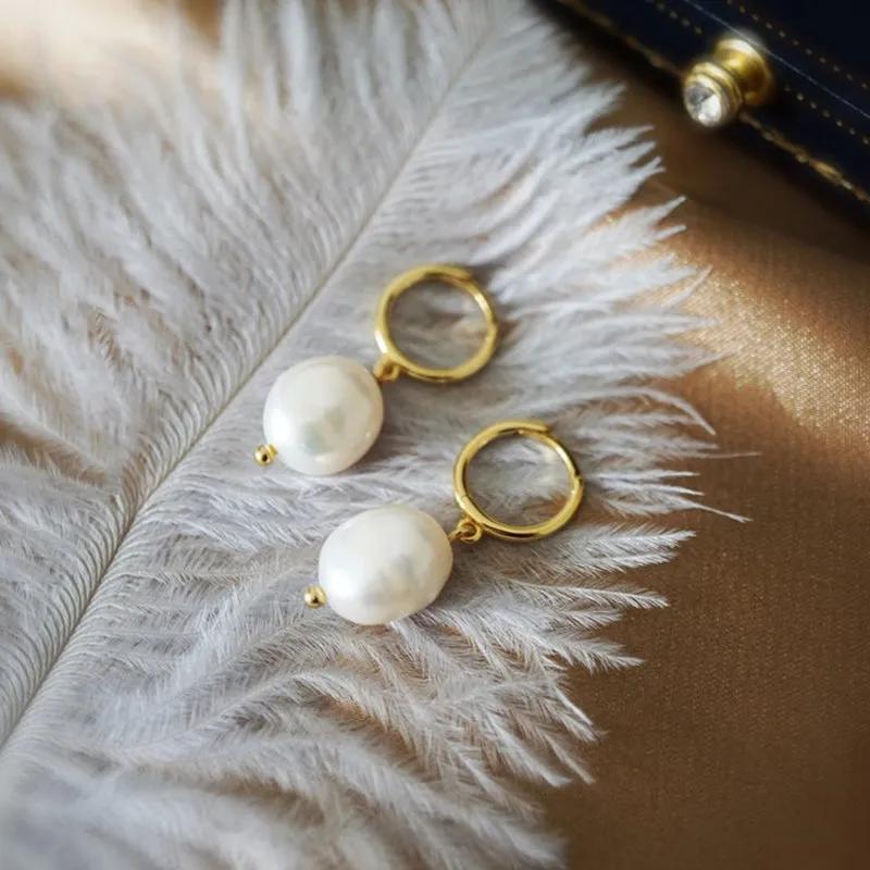Baroque 10x11mm Freshwater Pearl Dangle Hoop Earrings