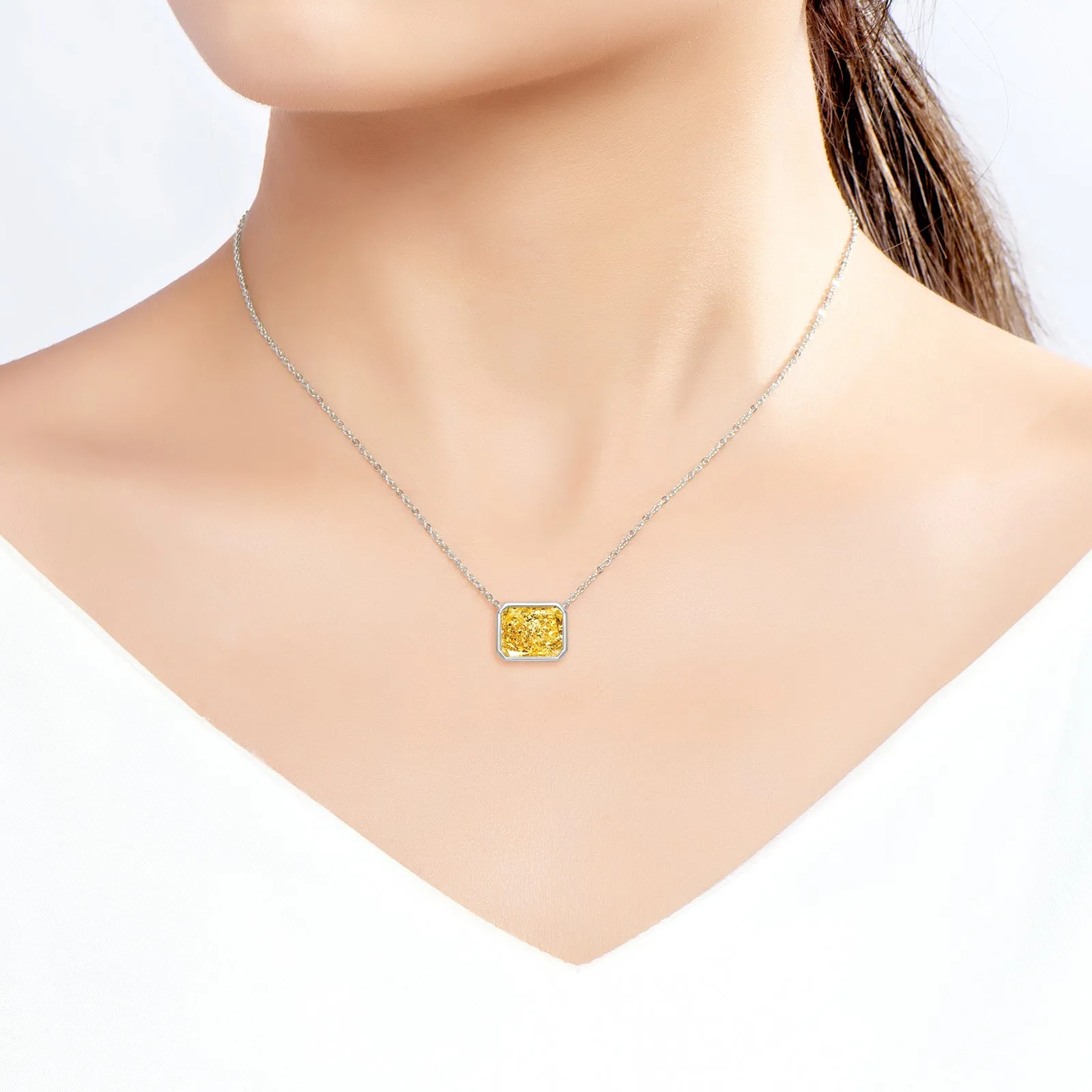 Bezel Setting Radiant Cut Yellow Created Diamond Pendant Necklace