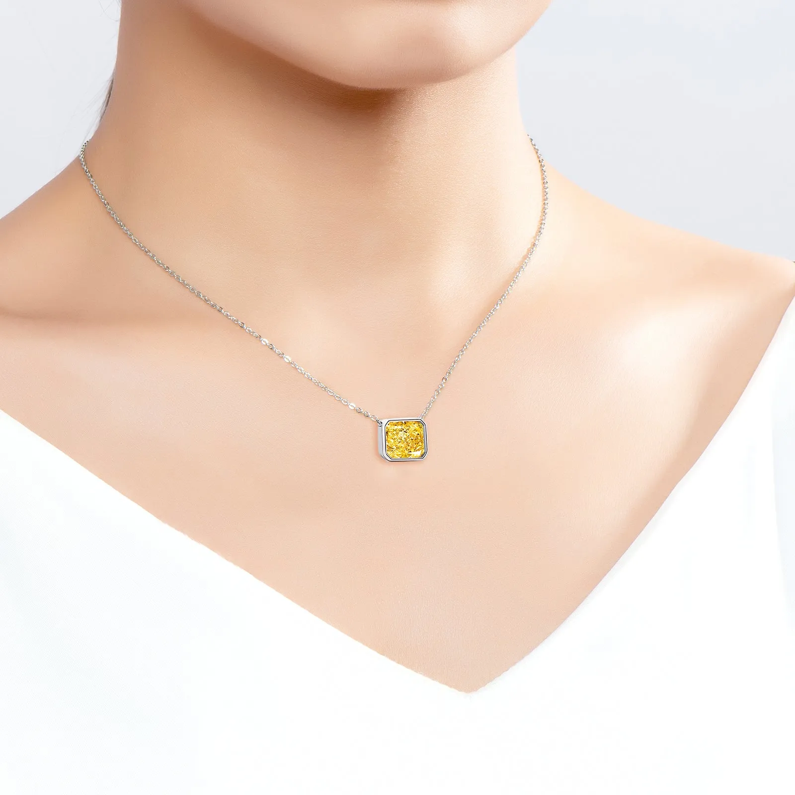 Bezel Setting Radiant Cut Yellow Created Diamond Pendant Necklace