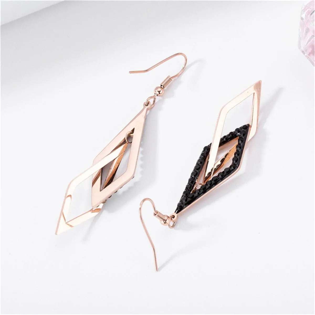 Black & 18K Rose Gold-Plated Crossing Rhombus Drop Earrings