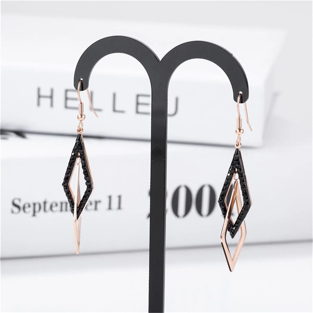Black & 18K Rose Gold-Plated Crossing Rhombus Drop Earrings