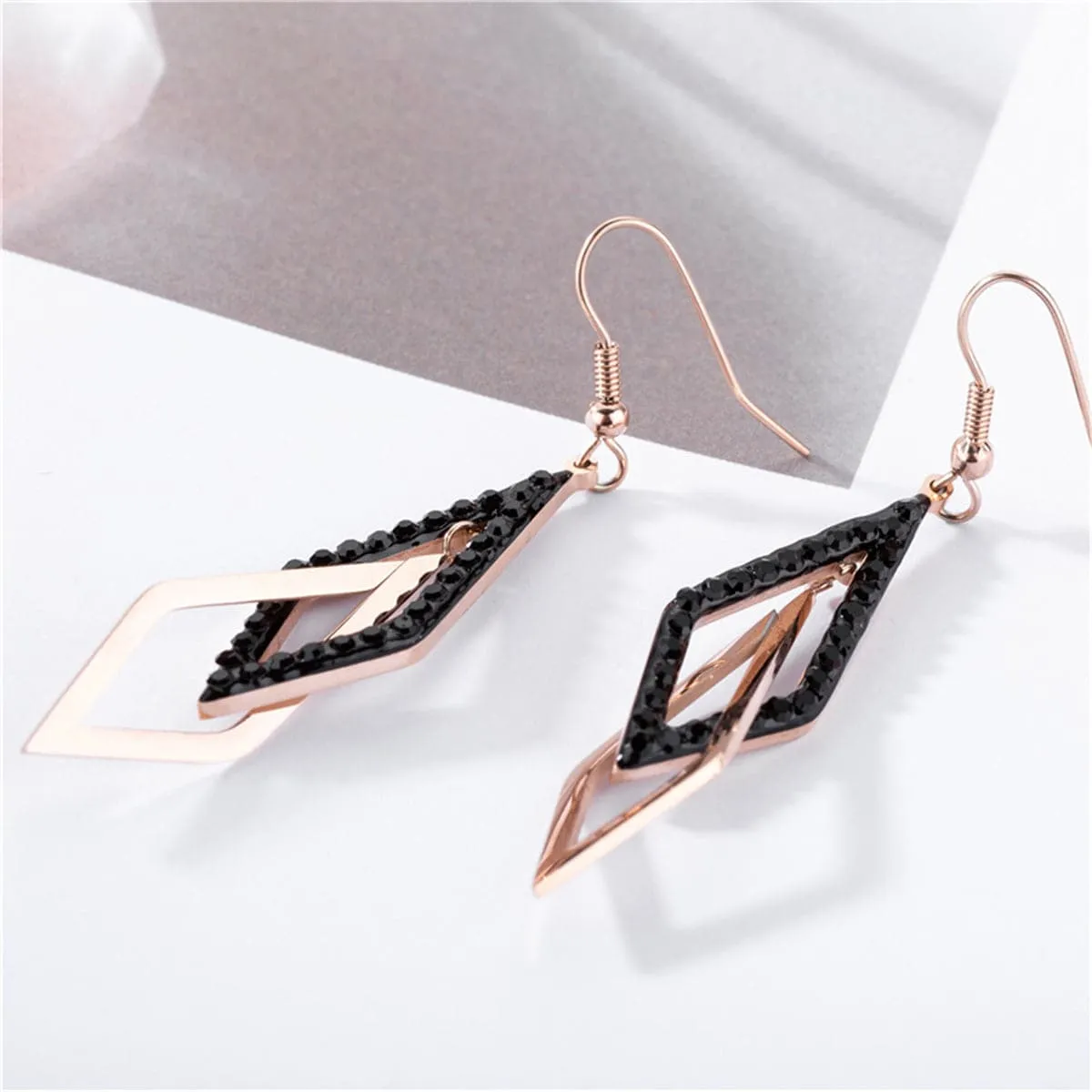 Black & 18K Rose Gold-Plated Crossing Rhombus Drop Earrings