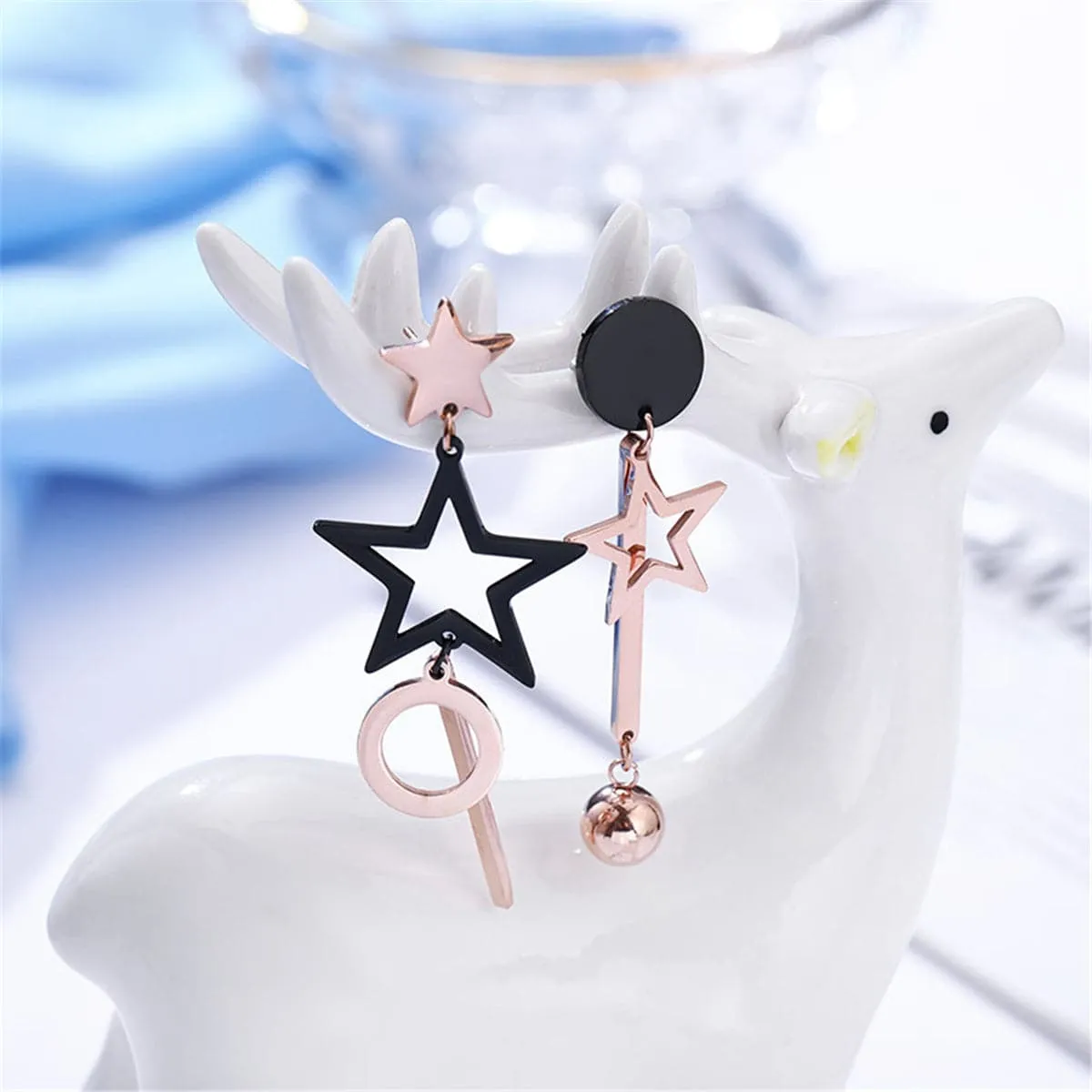 Black & 18K Rose Gold-Plated Star Asymmetric Drop Earrings