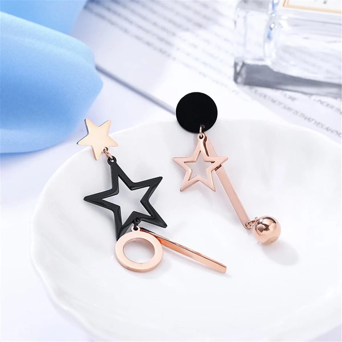 Black & 18K Rose Gold-Plated Star Asymmetric Drop Earrings