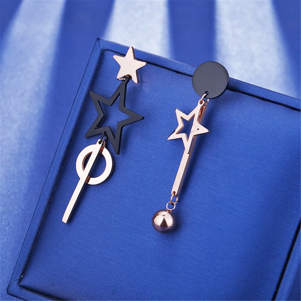 Black & 18K Rose Gold-Plated Star Asymmetric Drop Earrings