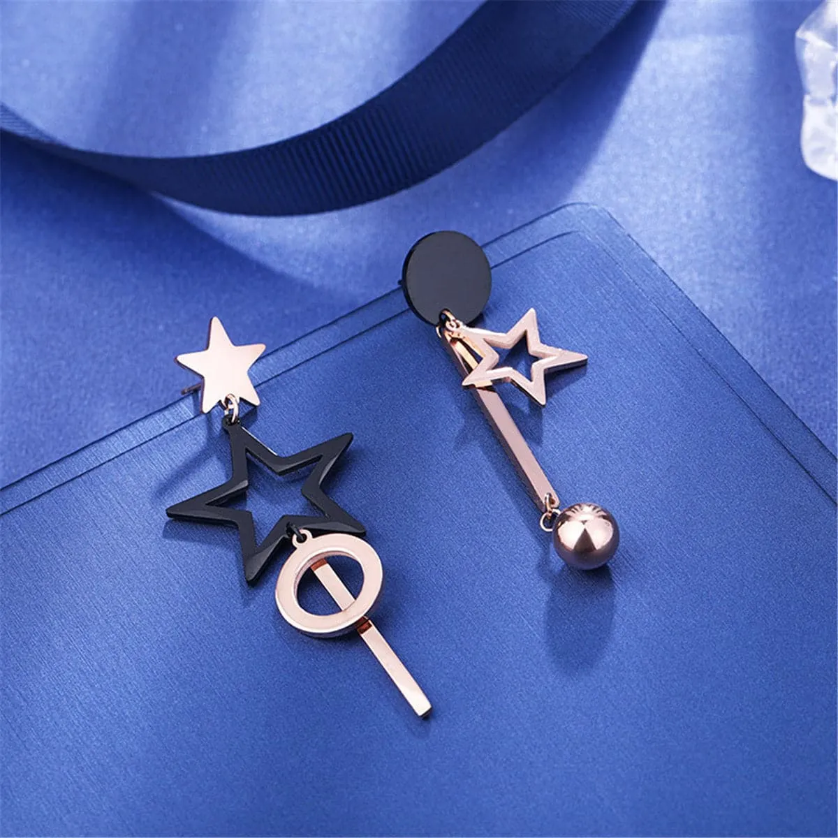 Black & 18K Rose Gold-Plated Star Asymmetric Drop Earrings