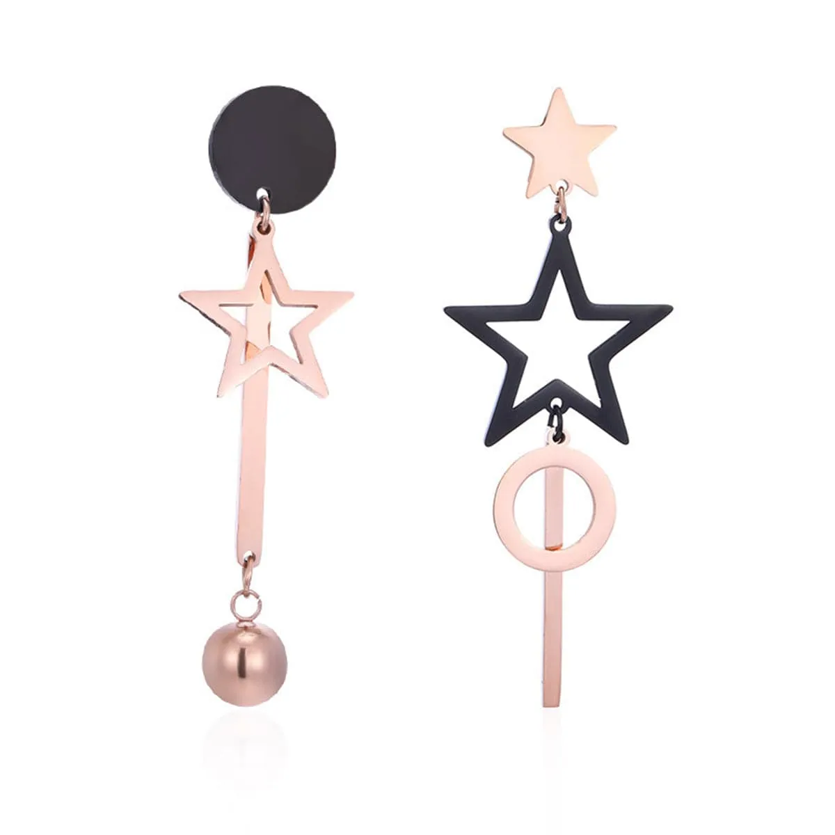 Black & 18K Rose Gold-Plated Star Asymmetric Drop Earrings