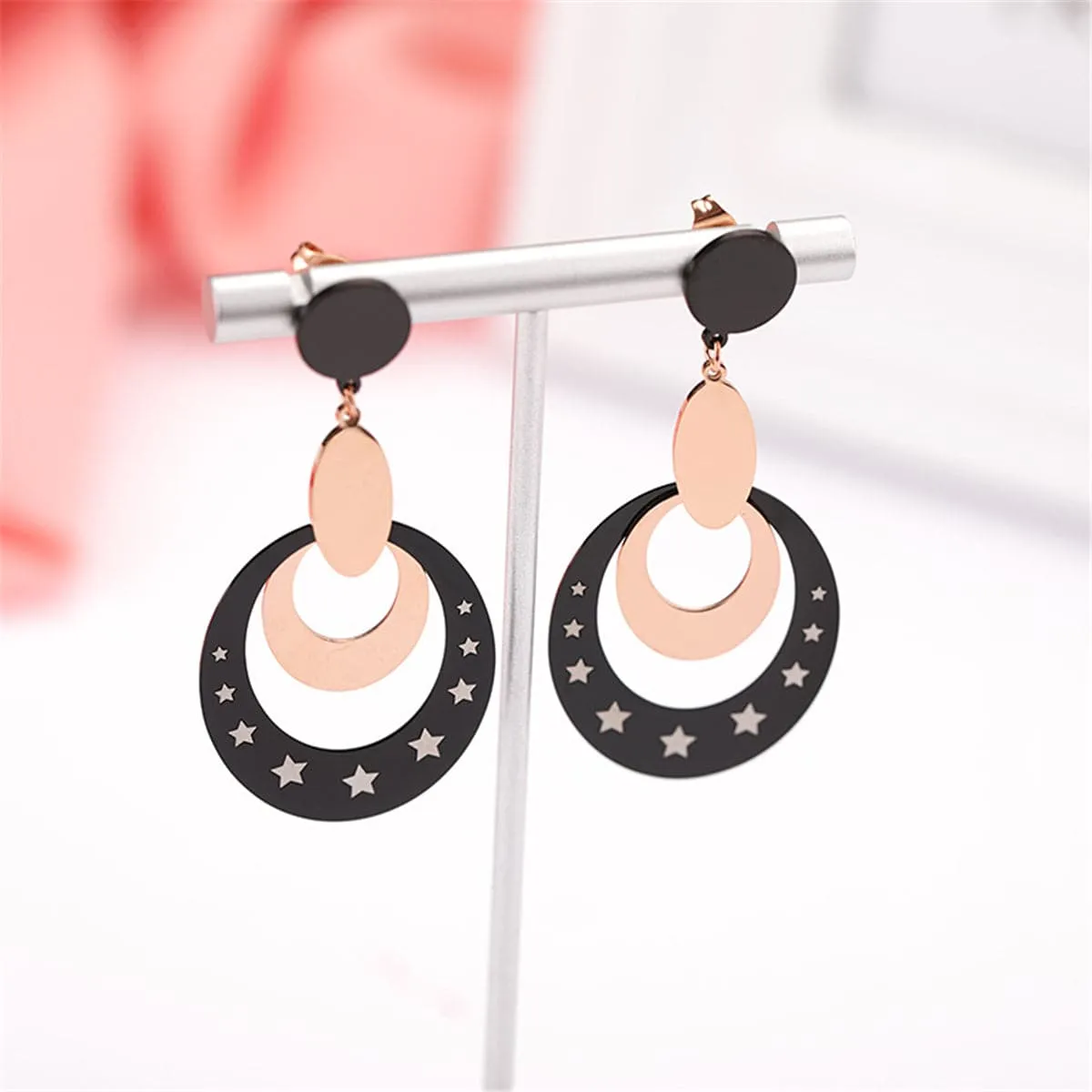Black & 18K Rose Gold-Plated Star Circle Drop Earrings