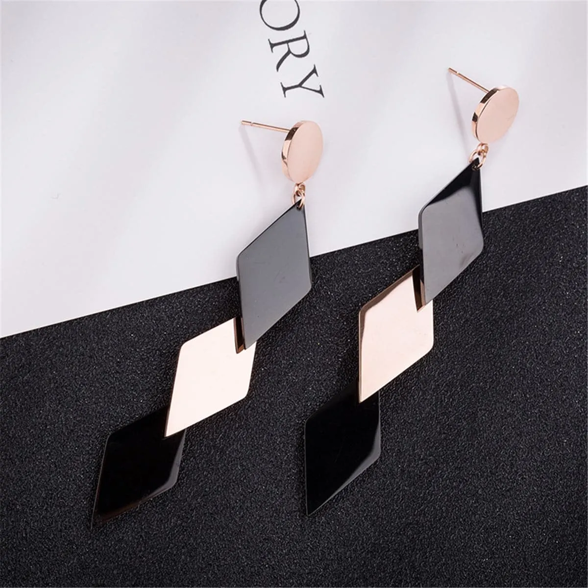 Black & 18K Rose Gold-Plated Triple Rhombus Drop Earrings