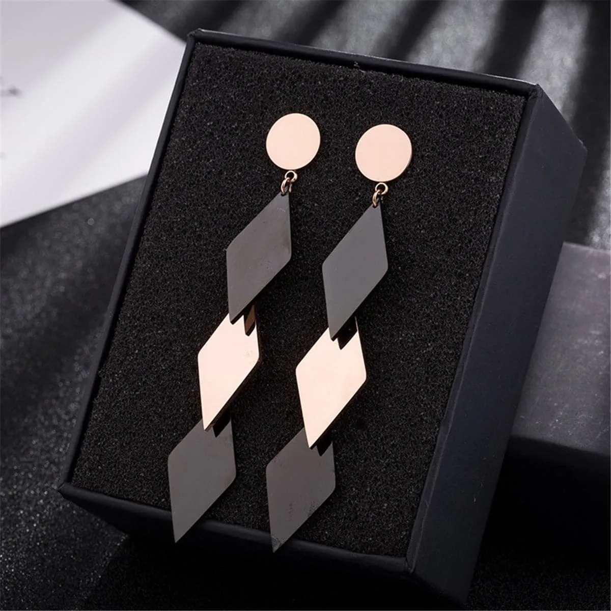Black & 18K Rose Gold-Plated Triple Rhombus Drop Earrings