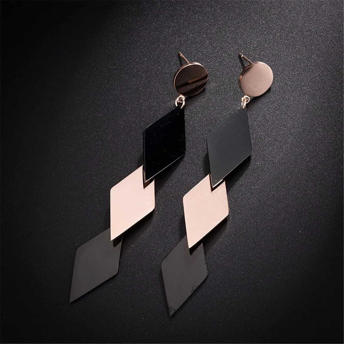 Black & 18K Rose Gold-Plated Triple Rhombus Drop Earrings