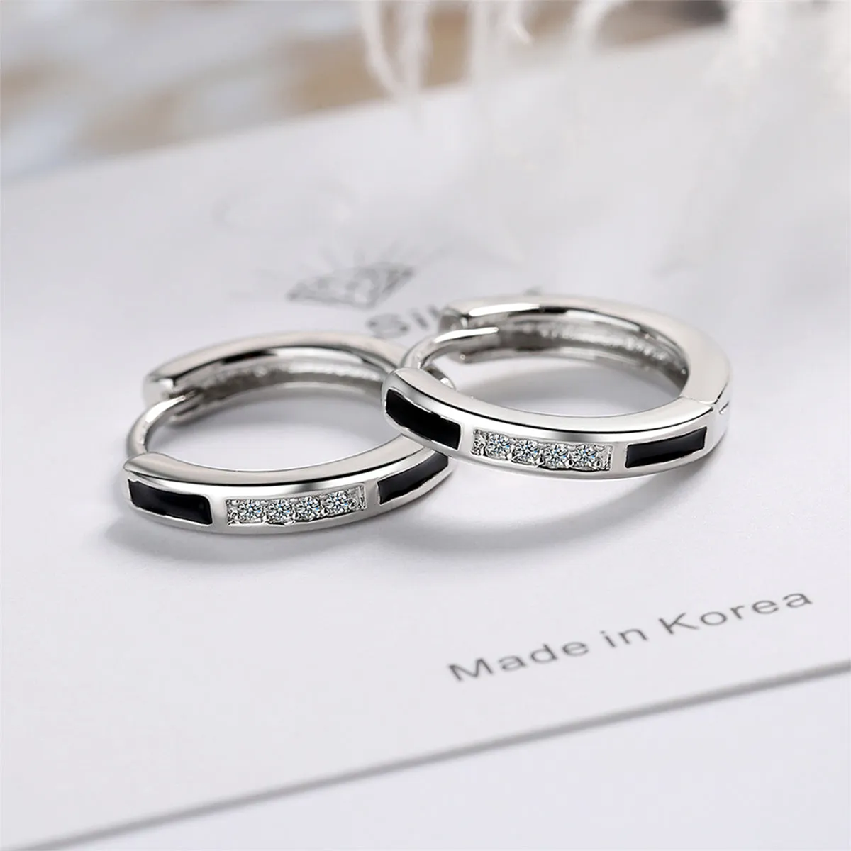 Black & Cubic Zirconia Huggie Earrings