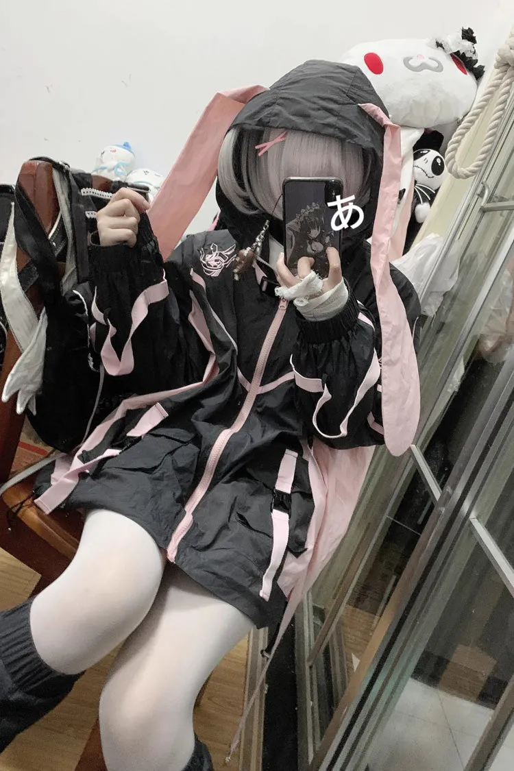 Black/Pink Chip Hacker Cyberpunk Functional Print Hooded Jirai Kei Japanese Sports Coat