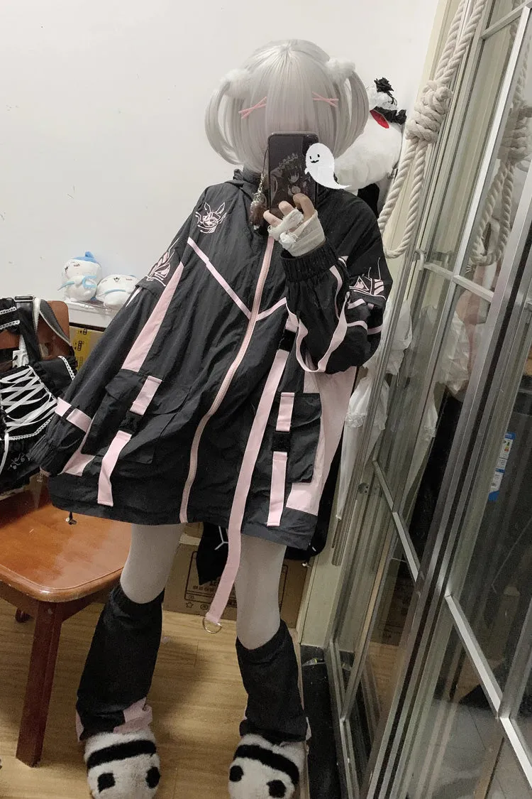 Black/Pink Chip Hacker Cyberpunk Functional Print Hooded Jirai Kei Japanese Sports Coat