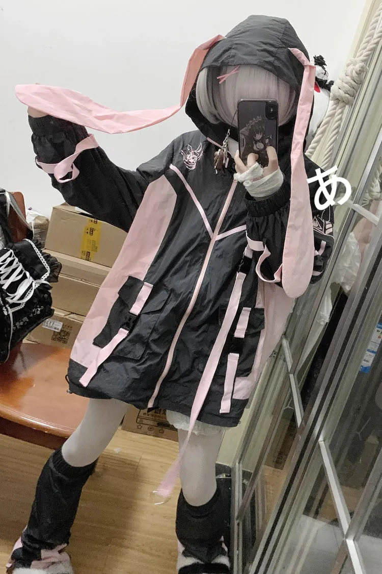 Black/Pink Chip Hacker Cyberpunk Functional Print Hooded Jirai Kei Japanese Sports Coat