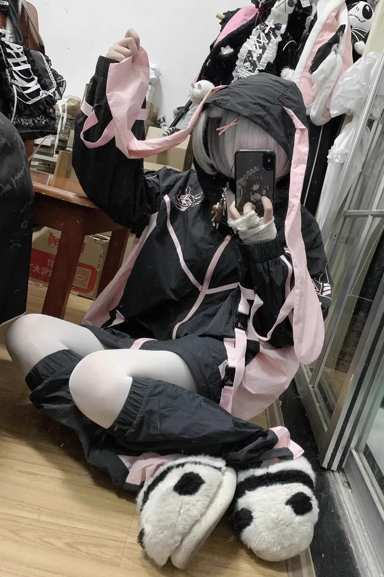 Black/Pink Chip Hacker Cyberpunk Functional Print Hooded Jirai Kei Japanese Sports Coat