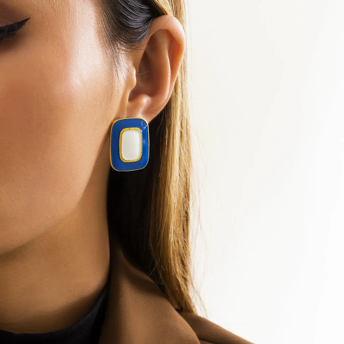 Blue Enamel & 18K Gold-Plated Rectangle Stud Earrings